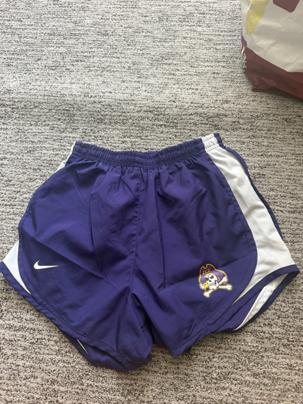 Nike Purple Running Shorts with White Panels and Pirate Crest